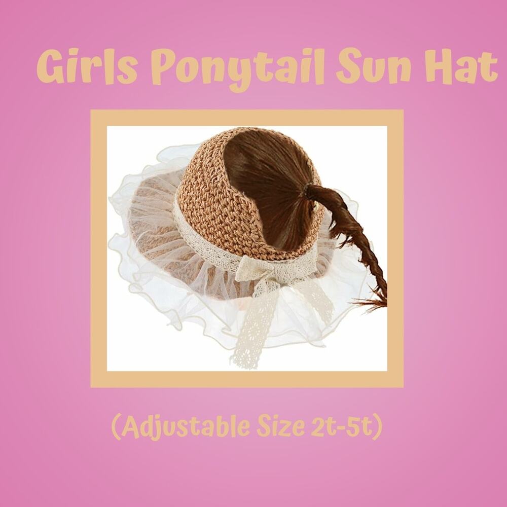 Toddler Girl Straw Toddler Lace Beach Sun Protection Ponytail Hat Size 2T-5-T